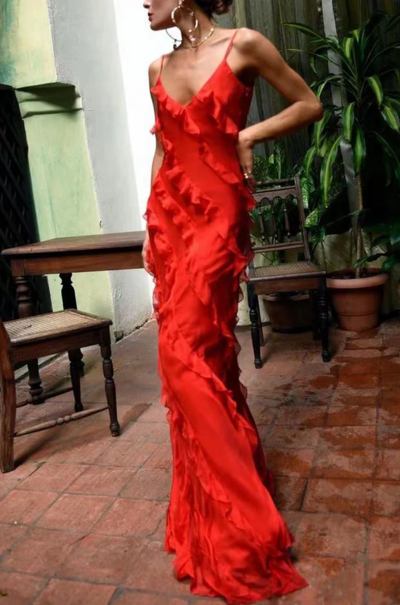 New Style Elegant Red Ruffles V Neck Long Evening Dresses