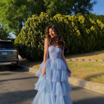 Popular sweetheart blue a-line tulle long party dresses - Thumbnail 2