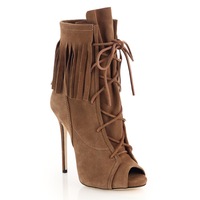 Handmade Fish mouth sandals stiletto tassel boots suede strappy ankle boots  - Thumbnail 2