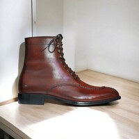 Men's Hand Stitched Burgundy Leather Boot, Split Toe Boot - Thumbnail 1
