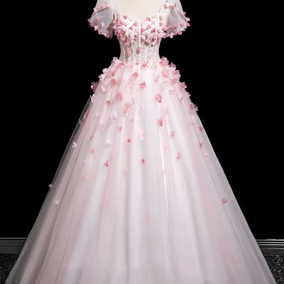 Pink tulle flowers long prom dress, lovely short sleeve party dress - Thumbnail 1