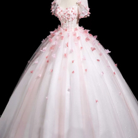 Pink Tulle Flowers Long Prom Dress, Lovely Short Sleeve Party Dress - Thumbnail 1