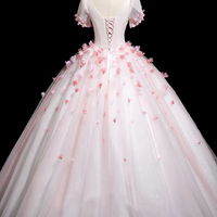 Pink Tulle Flowers Long Prom Dress, Lovely Short Sleeve Party Dress - Thumbnail 2