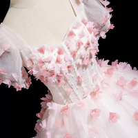 Pink Tulle Flowers Long Prom Dress, Lovely Short Sleeve Party Dress - Thumbnail 3