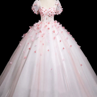 Pink Tulle Flowers Long Prom Dress, Lovely Short Sleeve Party Dress - Thumbnail 4