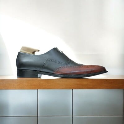 Handmade brown & black zipper wing tip leather oxford shoes