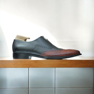 Handmade Brown & Black Zipper Wing Tip Leather Oxford Shoes