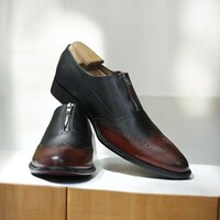 Handmade Brown & Black Zipper Wing Tip Leather Oxford Shoes - Thumbnail 1