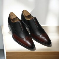 Handmade Brown & Black Zipper Wing Tip Leather Oxford Shoes - Thumbnail 3