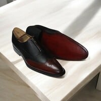 Handmade Brown & Black Zipper Wing Tip Leather Oxford Shoes - Thumbnail 4