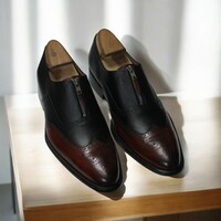 Handmade Brown & Black Zipper Wing Tip Leather Oxford Shoes - Thumbnail 5