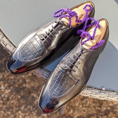 Handmade men black calf black crocodile/alligator leather oxford dress shoes - Thumbnail 3