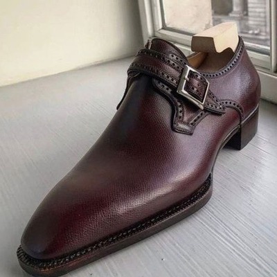 Handmade men maroon leather monk strap dress shoes - Thumbnail 2
