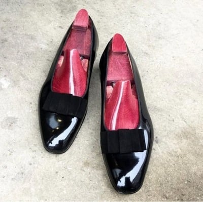 Handmade Men Black Patent Leather Moccasin Loafers Dress Shoes