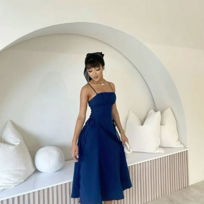 Spaghetti straps blue sleeveless tea length prom dresses