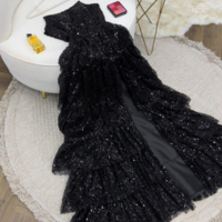 Modest Floor Length Strapless Black Sequin Slit Prom Dresses - Thumbnail 1