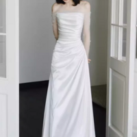 Simple Mermaid Sleeveless White Long Prom Dresses With Pearl - Thumbnail 1