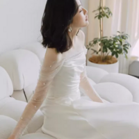 Simple Mermaid Sleeveless White Long Prom Dresses With Pearl - Thumbnail 2