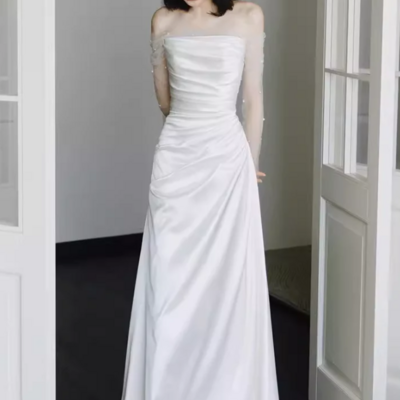 Simple mermaid sleeveless white long prom dresses with pearl