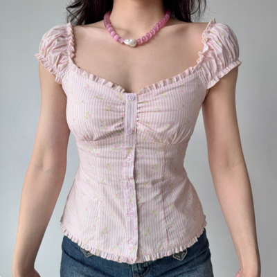 Printed striped puff sleeve top for women with ruffled hem short sleeve shirt