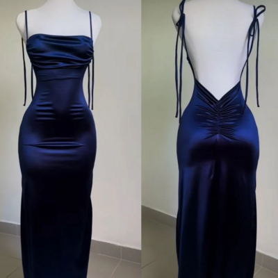 Sheath spaghetti straps backless navy blue satin evening dresses - Thumbnail 1