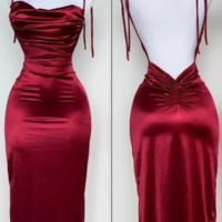 Sheath Spaghetti Straps Backless Navy Blue Satin Evening Dresses - Thumbnail 1