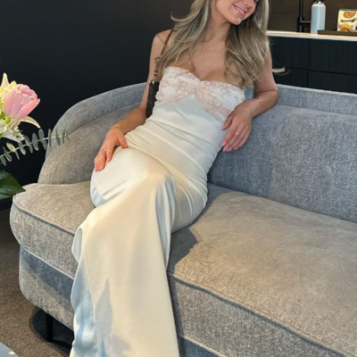 Sheath sweetheart neck lace ivory satin long prom dresses - Thumbnail 3