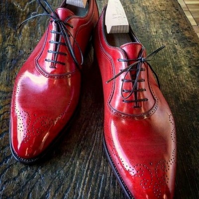 Handmade men red patina leather oxford lace up dress shoes - Thumbnail 2