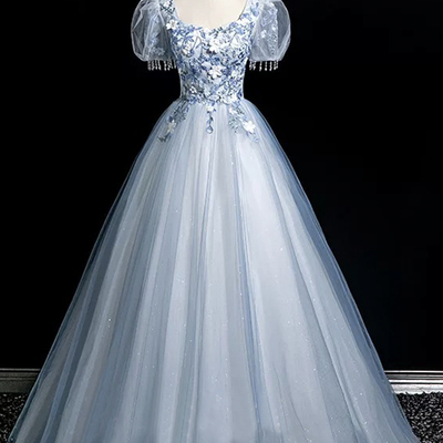 Blue tulle lace long prom dress, a-line short sleeve party dress - Thumbnail 1