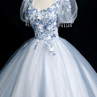 Blue Tulle Lace Long Prom Dress, A-Line Short Sleeve Party Dress - Thumbnail 1