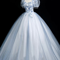 Blue Tulle Lace Long Prom Dress, A-Line Short Sleeve Party Dress - Thumbnail 2