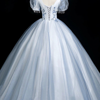 Blue Tulle Lace Long Prom Dress, A-Line Short Sleeve Party Dress - Thumbnail 3