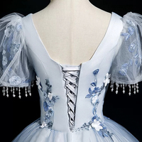 Blue Tulle Lace Long Prom Dress, A-Line Short Sleeve Party Dress - Thumbnail 5