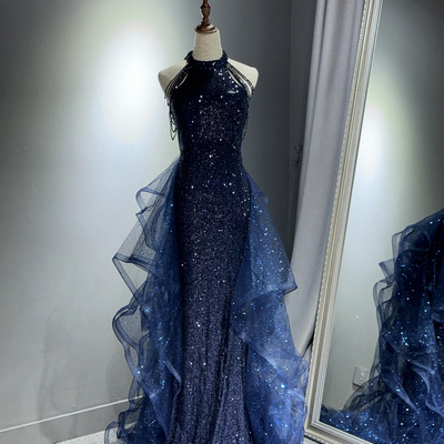 Navy blue sequins long prom party dress，1087