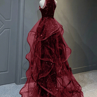 Burgundy Tulle Sequins Long A-Line Halter Prom Party Dress，1089 - Thumbnail 1