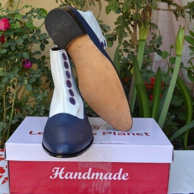 Crafted leather men blue white color genuine leather high ankle men buttons dress boots - Thumbnail 1