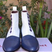 Crafted Leather Men Blue White Color Genuine Leather High Ankle Men Buttons Dress Boots - Thumbnail 2