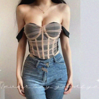 Sexy mesh see-through stitching contrast color chest cotton herringbone bra vest - Thumbnail 2