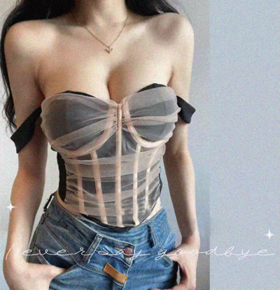 Sexy mesh see-through stitching contrast color chest cotton herringbone bra vest