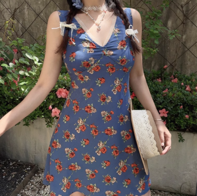 Casual holiday style floral V-neck tie waist dress