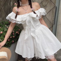 One-shoulder flying sleeve lace edge bow ballet skirt A-line dress - Thumbnail 1