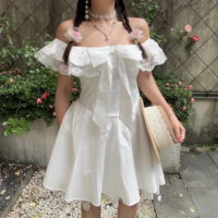 One-shoulder flying sleeve lace edge bow ballet skirt A-line dress - Thumbnail 4