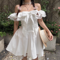 One-shoulder flying sleeve lace edge bow ballet skirt A-line dress - Thumbnail 6