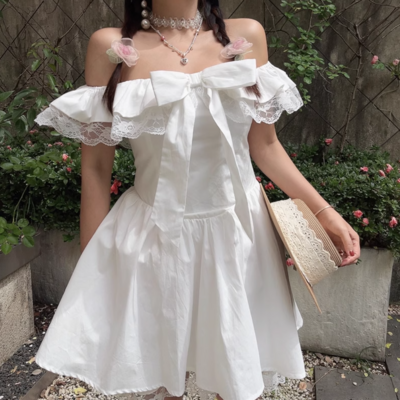 One-shoulder flying sleeve lace edge bow ballet skirt a-line dress