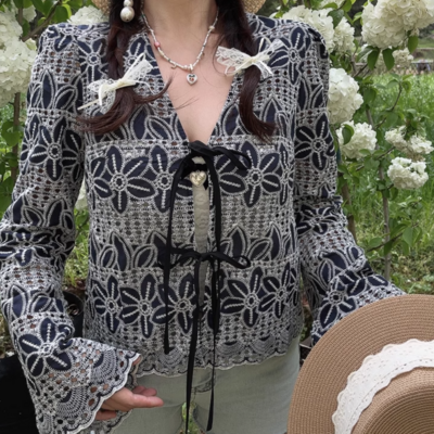 Embroidered cotton bohemian tie-strap bell sleeve holiday shirt