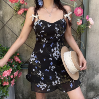 Retro Floral Print Sexy Ruffled Suspender Dress - Thumbnail 3