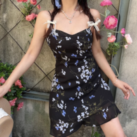 Retro Floral Print Sexy Ruffled Suspender Dress - Thumbnail 1