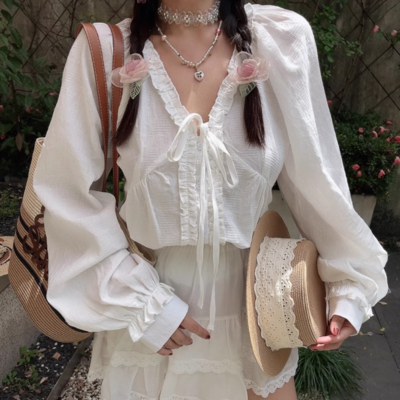 Retro v-neck lantern sleeves loose lazy long-sleeved holiday shirt