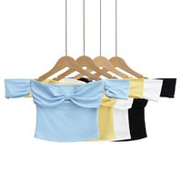 Off-the-shoulder pleated short bottoming T-shirt - Thumbnail 5