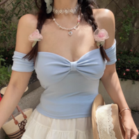 Off-the-shoulder pleated short bottoming T-shirt - Thumbnail 7